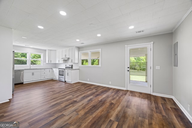 1766 Washington Hwy, Elberton, GA 30635 - kitchen with appliances with stainless steel finishes, a sink, under cabinet range hood, white cabinets, and dark wood-type flooring