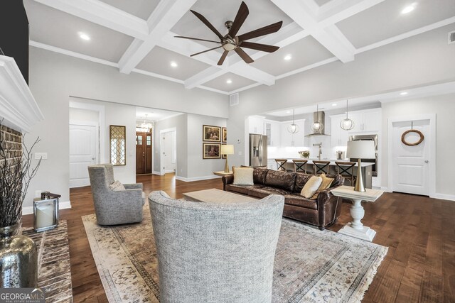 377 Parker Rd, Mcdonough, GA 30252 - living room featuring a ceiling fan, coffered ceiling, beam ceiling, dark wood-style floors, and baseboards