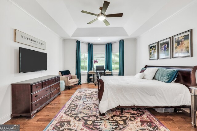 377 Parker Rd, Mcdonough, GA 30252 - bedroom featuring a raised ceiling, wood finished floors, and ceiling fan