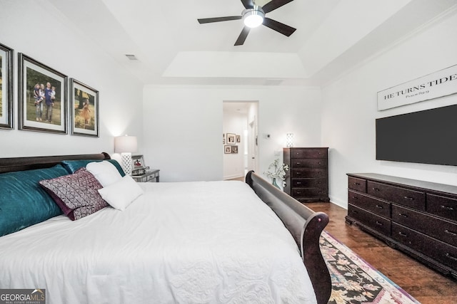 377 Parker Rd, Mcdonough, GA 30252 - bedroom with a tray ceiling, dark wood-style floors, and a ceiling fan
