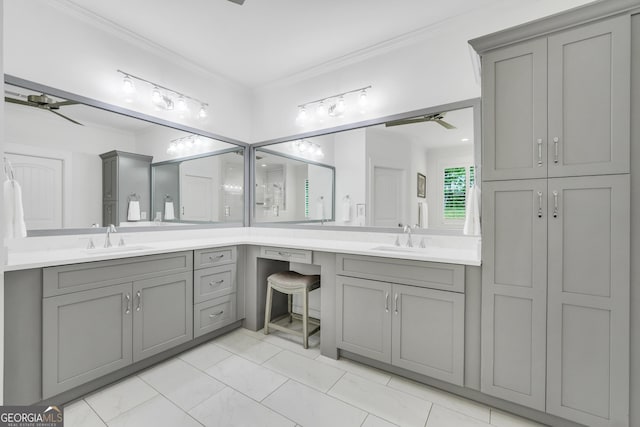 377 Parker Rd, Mcdonough, GA 30252 - bathroom featuring a ceiling fan, double vanity, and crown molding