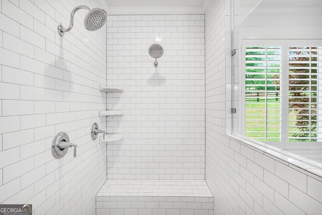 377 Parker Rd, Mcdonough, GA 30252 - bathroom featuring tiled shower, ornamental molding, and plenty of natural light