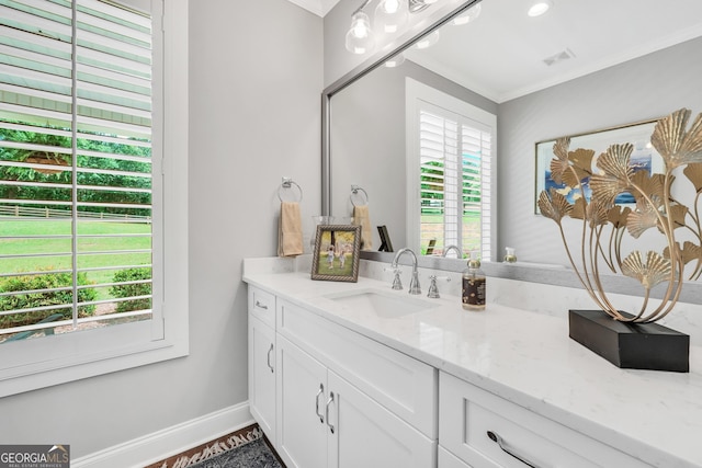 377 Parker Rd, Mcdonough, GA 30252 - bathroom featuring vanity, crown molding, and baseboards