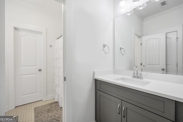377 Parker Rd, Mcdonough, GA 30252 - bathroom with crown molding, vanity, baseboards, and a shower with shower curtain
