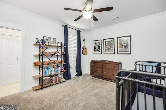 377 Parker Rd, Mcdonough, GA 30252 - bedroom with carpet floors, ornamental molding, baseboards, and a ceiling fan