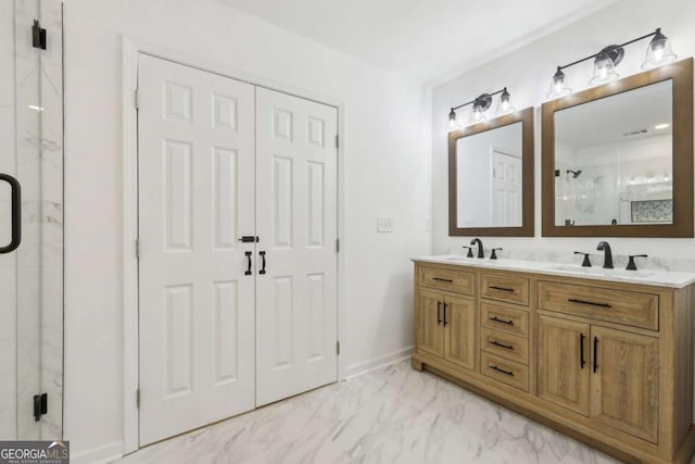 2765 Ocean Valley Dr, Atlanta, GA 30349 - full bathroom with a marble finish shower, marble look tiles, double vanity, and baseboards
