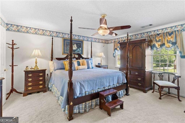 3472 Honeycomb Dr SE, Conyers, GA 30094 - bedroom with light carpet, a textured ceiling, ornamental molding, and a ceiling fan