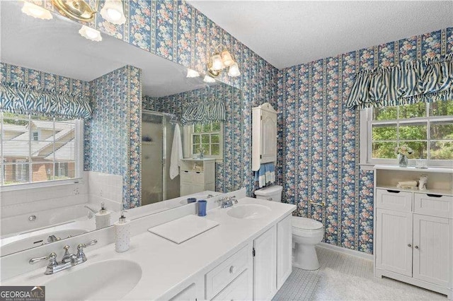 3472 Honeycomb Dr SE, Conyers, GA 30094 - bathroom featuring wallpapered walls, a shower stall, toilet, a garden tub, and baseboards