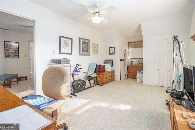 3472 Honeycomb Dr SE, Conyers, GA 30094 - home office with ceiling fan, light colored carpet, and vaulted ceiling