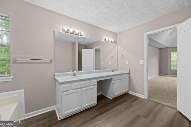 470 Piney Way SW, Atlanta, GA 30331 - bathroom featuring wood finished floors, double vanity, a textured ceiling, baseboards, and a bathtub