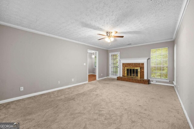 470 Piney Way SW, Atlanta, GA 30331 - unfurnished living room featuring carpet floors, baseboards, ceiling fan, a fireplace, and a textured ceiling