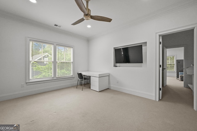 4015 Wieuca Rd NE, Atlanta, GA 30342 - unfurnished office featuring ornamental molding, carpet floors, baseboards, a ceiling fan, and recessed lighting
