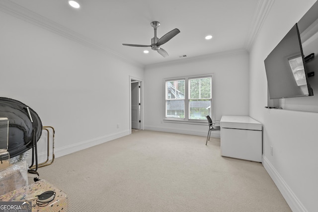 4015 Wieuca Rd NE, Atlanta, GA 30342 - office featuring crown molding, light colored carpet, baseboards, ceiling fan, and recessed lighting