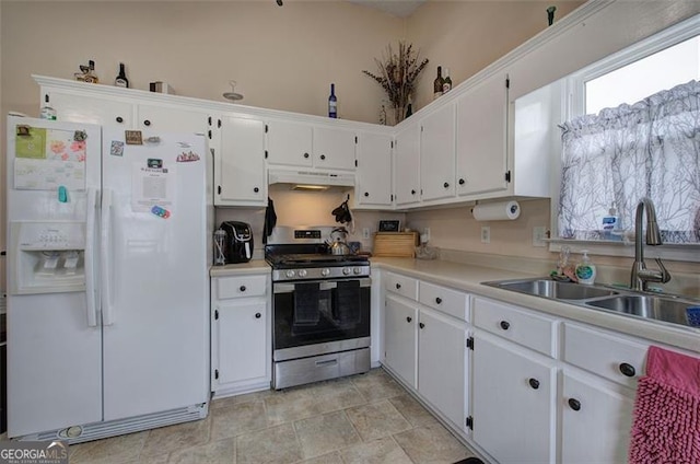 14 Cathedral Hts, Euharlee, GA 30120 - kitchen featuring white fridge with ice dispenser, stainless steel range with gas cooktop, under cabinet range hood, and white cabinets