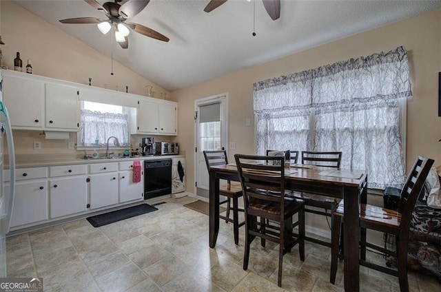 14 Cathedral Hts, Euharlee, GA 30120 - kitchen with dishwasher, a ceiling fan, a sink, lofted ceiling, and light countertops