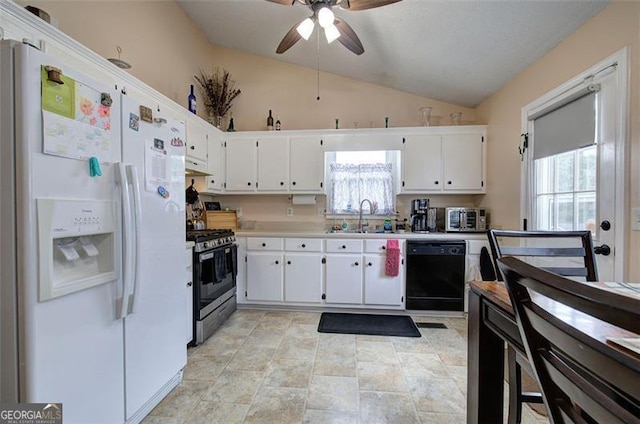 14 Cathedral Hts, Euharlee, GA 30120 - kitchen featuring white fridge with ice dispenser, stainless steel range with gas stovetop, dishwasher, a sink, and lofted ceiling
