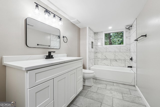 2771 Smithsonia Way, Tucker, GA 30084 - bathroom with vanity, toilet, shower / bath combination, marble look tiles, and baseboards