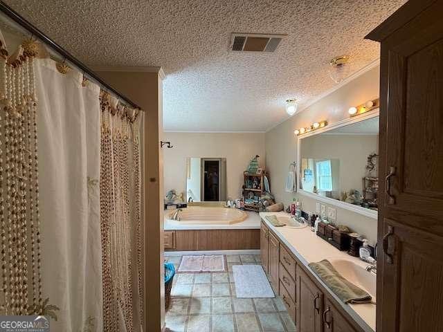 250 River Trce, Hahira, GA 31632 - full bath with crown molding, a bath, a textured ceiling, double vanity, and curtained shower