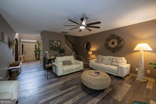 6813 Grand Hickory Dr, Braselton, GA 30517 - living area featuring stairs, wood finished floors, a ceiling fan, and baseboards