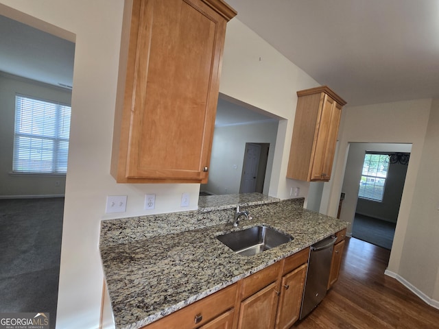4677 Liberty Square Dr, Acworth, GA 30101 - kitchen with stainless steel dishwasher, light stone countertops, dark wood-style floors, and brown cabinetry