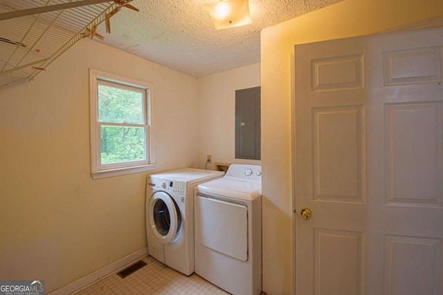 357 Camp Wahsega Rd, Dahlonega, GA 30533 - laundry room featuring electric panel, washer and dryer, and a textured ceiling