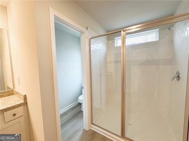 5032 Falcon Pt Lot 142, Douglasville, GA 30135 - bathroom with a stall shower, wood finished floors, toilet, and vanity