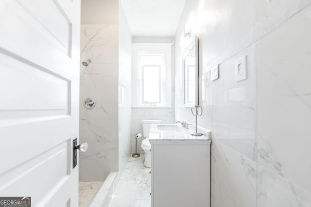 1293 Courtland Ave, Macon, GA 31204 - bathroom with vanity, a marble finish shower, toilet, and marble finish floors