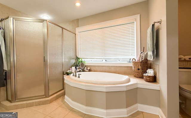 297 Old Clarkesville Mill Rd, Clarkesville, GA 30523 - bathroom with tile patterned flooring, a shower stall, a garden tub, and toilet