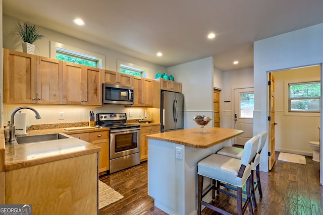4610 Murray Cove Rd, Tiger, GA 30576 - kitchen with stainless steel appliances, a sink, dark wood-style floors, a kitchen bar, and a center island