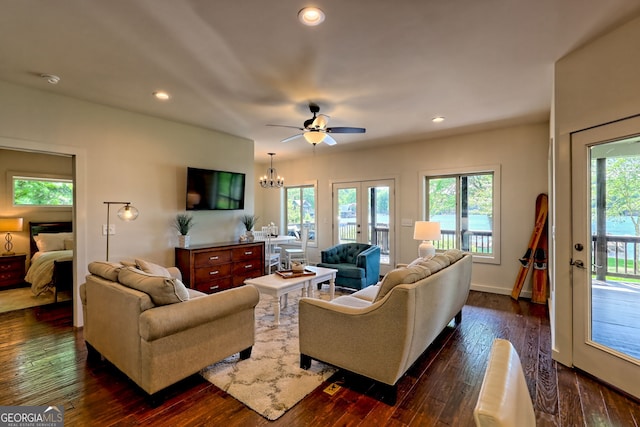 4610 Murray Cove Rd, Tiger, GA 30576 - living room with french doors, dark wood-type flooring, a chandelier, and recessed lighting
