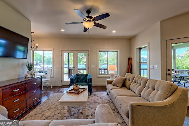 4610 Murray Cove Rd, Tiger, GA 30576 - living area featuring french doors, healthy amount of natural light, dark wood-style floors, and recessed lighting