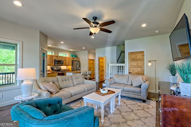 4610 Murray Cove Rd, Tiger, GA 30576 - living room with ceiling fan, baseboards, recessed lighting, and wood finished floors