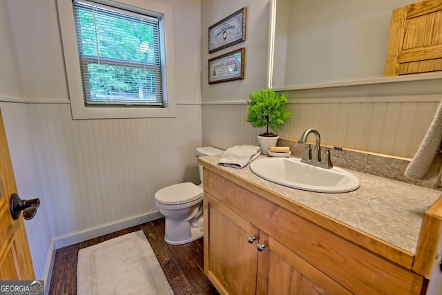 4610 Murray Cove Rd, Tiger, GA 30576 - bathroom featuring wainscoting, vanity, toilet, wood finished floors, and baseboards
