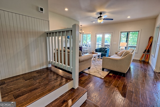 4610 Murray Cove Rd, Tiger, GA 30576 - living room with dark wood-style floors, a ceiling fan, recessed lighting, and a chandelier