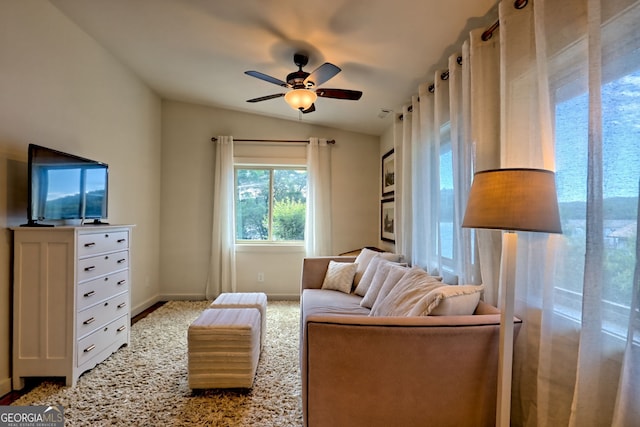 4610 Murray Cove Rd, Tiger, GA 30576 - living area featuring lofted ceiling, ceiling fan, baseboards, and carpet floors