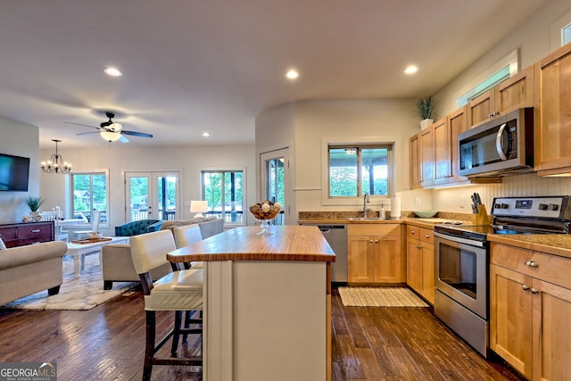 4610 Murray Cove Rd, Tiger, GA 30576 - kitchen with stainless steel appliances, open floor plan, a sink, wooden counters, and a kitchen breakfast bar
