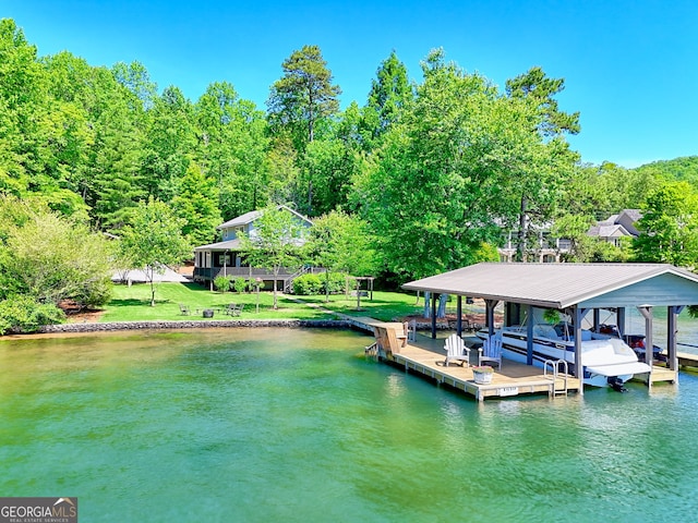 4610 Murray Cove Rd, Tiger, GA 30576 - dock area featuring a water view, boat lift, and a lawn