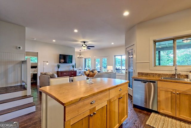 4610 Murray Cove Rd, Tiger, GA 30576 - kitchen featuring dishwasher, a sink, open floor plan, dark wood-style flooring, and recessed lighting