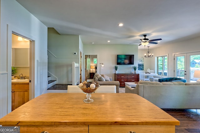 4610 Murray Cove Rd, Tiger, GA 30576 - dining room featuring stairway, ceiling fan, dark wood-type flooring, and recessed lighting