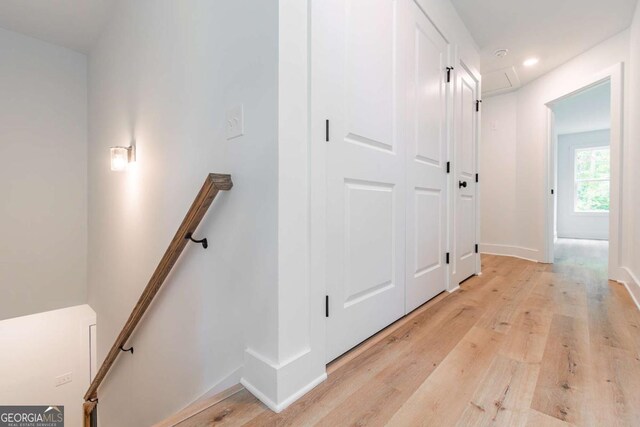 3110 Granada Way, Gainesville, GA 30506 - hallway with an upstairs landing, light wood-style flooring, recessed lighting, and attic access