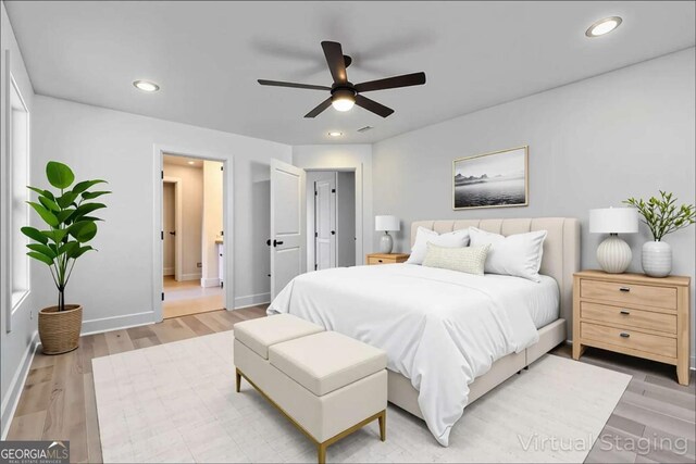 3110 Granada Way, Gainesville, GA 30506 - bedroom with light wood-style flooring, recessed lighting, and a ceiling fan