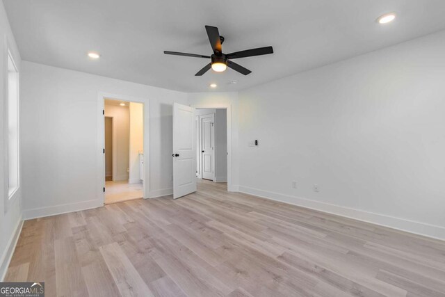 3110 Granada Way, Gainesville, GA 30506 - unfurnished bedroom with light wood-style floors, recessed lighting, ensuite bath, and a ceiling fan