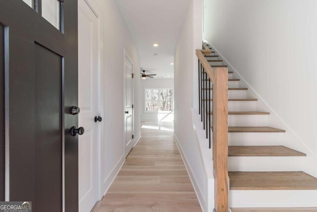 3110 Granada Way, Gainesville, GA 30506 - stairway with wood finished floors, recessed lighting, and ceiling fan