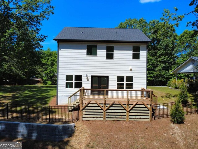 3110 Granada Way, Gainesville, GA 30506 - rear view of property with a deck, a fenced backyard, stairs, and a shingled roof