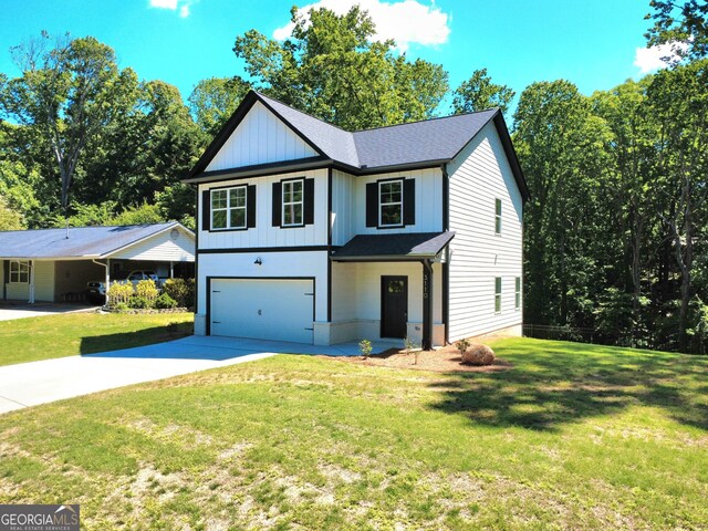 3110 Granada Way, Gainesville, GA 30506 - modern farmhouse featuring concrete driveway, a garage, a front lawn, roof with shingles, and board and batten siding