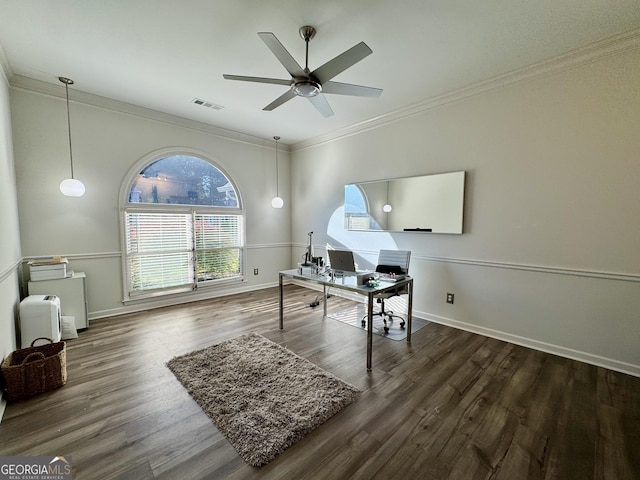 2610 Stokesley Way, Snellville, GA 30078 - office with crown molding, ceiling fan, dark wood-type flooring, and baseboards