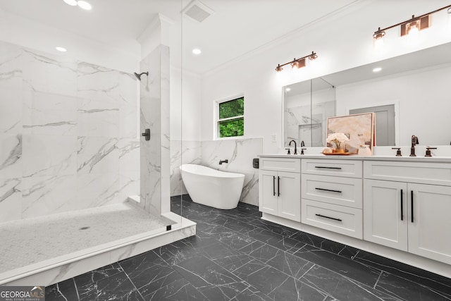 2926 5th St SW, Atlanta, GA 30315 - full bathroom featuring marble look tile flooring, a marble finish shower, double vanity, ornamental molding, and a freestanding bath