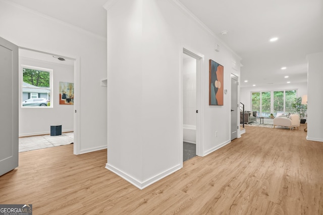 2926 5th St SW, Atlanta, GA 30315 - hall with light wood-type flooring, ornamental molding, recessed lighting, and baseboards
