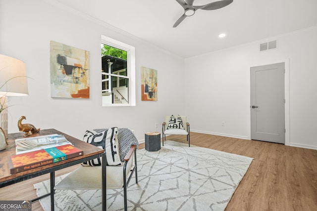 2926 5th St SW, Atlanta, GA 30315 - office with crown molding, wood finished floors, a ceiling fan, and baseboards