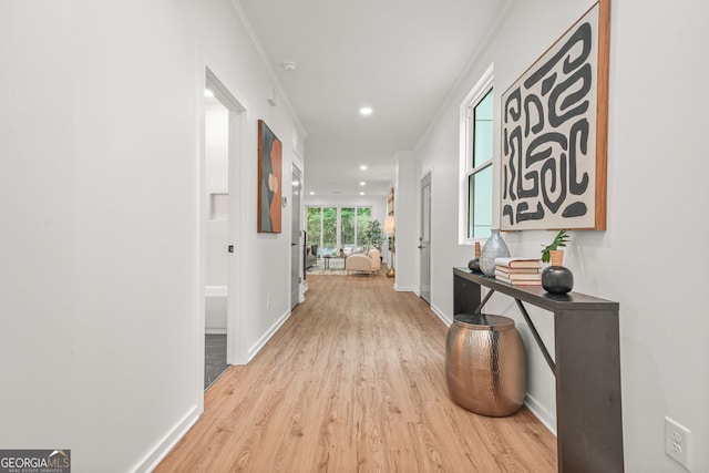 2926 5th St SW, Atlanta, GA 30315 - hallway featuring light wood finished floors, baseboards, recessed lighting, and crown molding